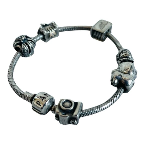 Vintage Pandora Charm Beaded Bracelet 925 Sterling Silver Bracelet w Charms - Picture 3 of 9